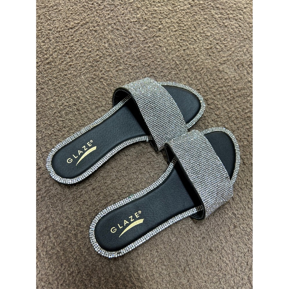 Glaze Womens Silver Rhinestone Slide Sandals Black Flat Slip On Shoes Size 6.5